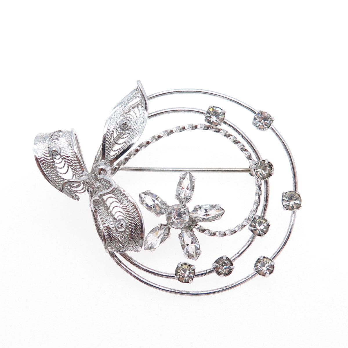 AM LEE Sterling Silver Antique Art Deco Rhinestone Floral Filigree Pin Brooch
