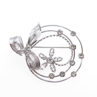 AM LEE Sterling Silver Antique Art Deco Rhinestone Floral Filigree Pin Brooch