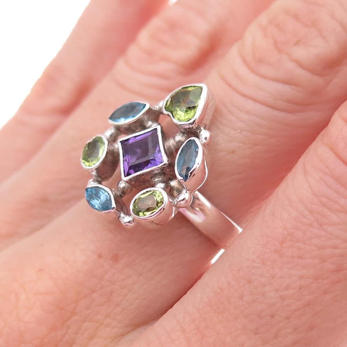 Sajen 925 Sterling Silver Vintage Real Amethyst Blue Topaz Peridot Ring Size 6.5