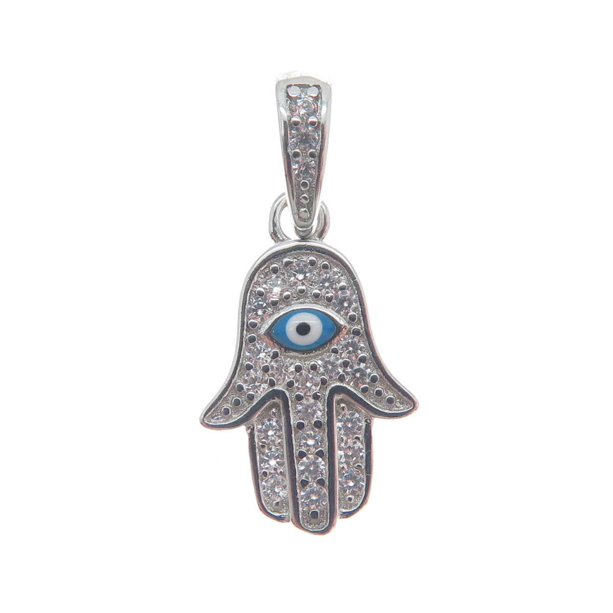 925 Sterling Silver Round-Cut Shaped C Z & Enamel Evil Eye Hamsa Amulet Pendant
