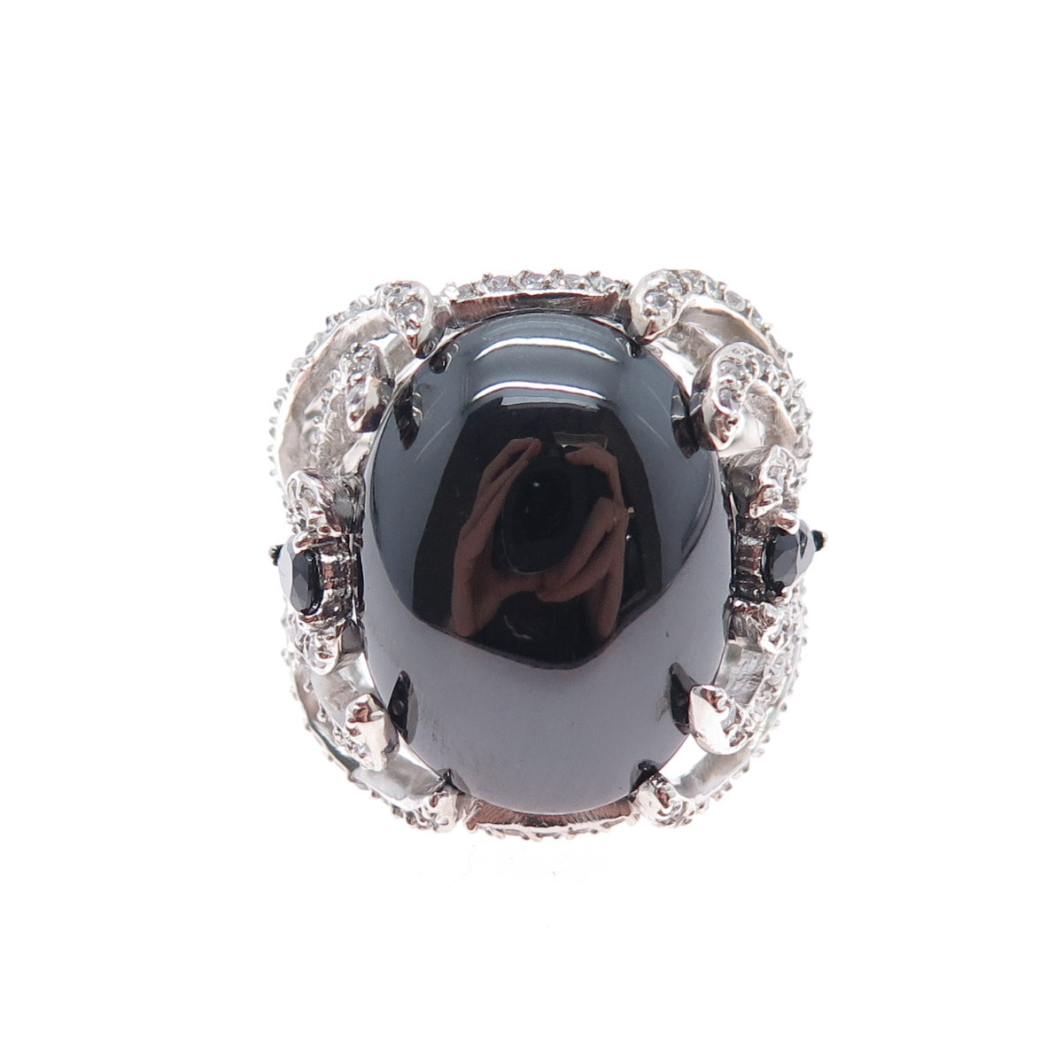 925 Sterling Silver Real Hematite & C Z Floral Ring Size 7.25