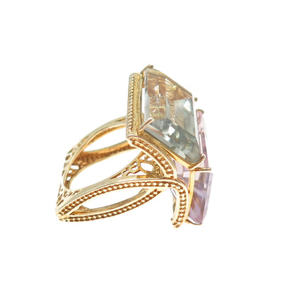 925 Sterling Gold Plated Real Emerald-Cut Green & Purple Amethyst Ring Size 7.25
