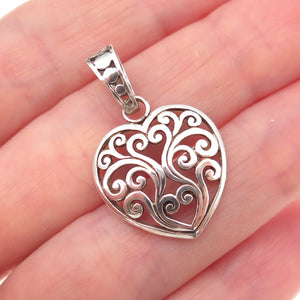925 Sterling Silver Vintage Floral Scroll Heart Oxidized Charm Pendant