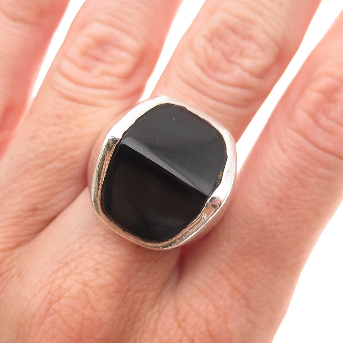 925 Sterling Silver Vintage Real Black Onyx Modernist Oxidized Ring Size 9.75