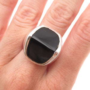 925 Sterling Silver Vintage Real Black Onyx Modernist Oxidized Ring Size 9.75