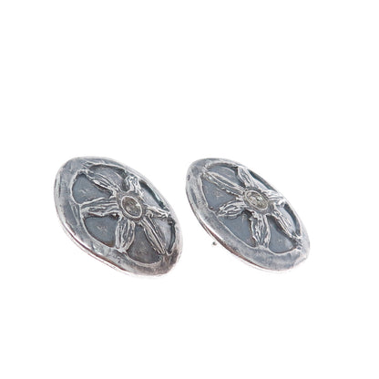 925 Sterling Silver Vintage Modernist Flower Disc Oxidized Earrings