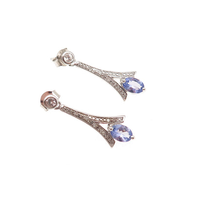 925 Sterling Silver Real Diamond Tanzanite & White Topaz Dangle Earrings