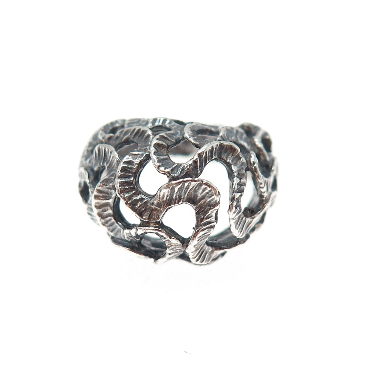 925 Sterling Silver Vintage Mexico Modernist Wavy Dome Oxidized Ring Size 7.75