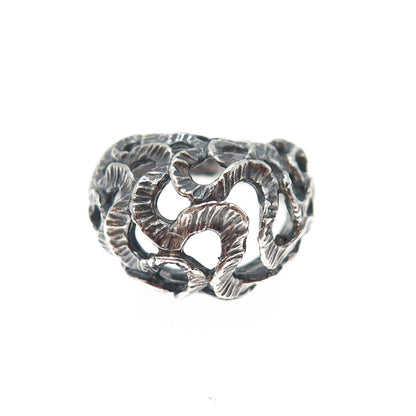 925 Sterling Silver Vintage Mexico Modernist Wavy Dome Oxidized Ring Size 7.75