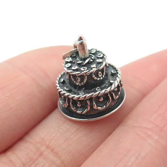 925 Sterling Silver Vintage Birthday Cake Oxidized Minimalist 3D Charm Pendant