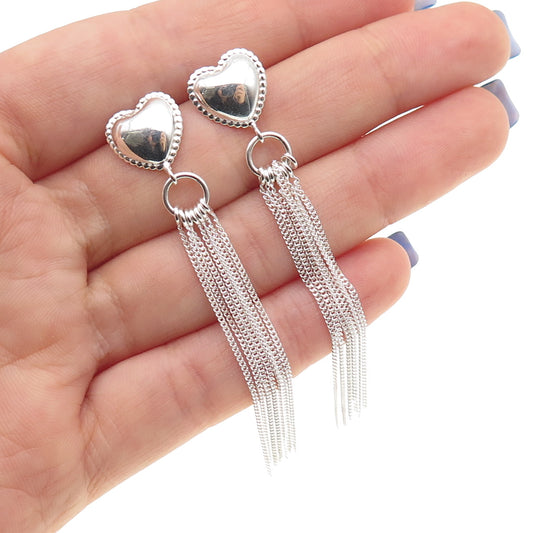 925 Sterling Silver Heart Tassel Dangle Earrings
