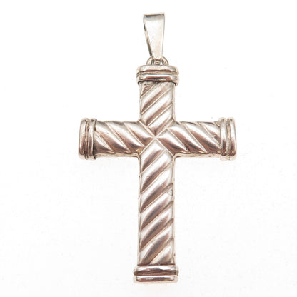 925 Sterling Silver Vintage Cross Oxidized Ribbed Pendant