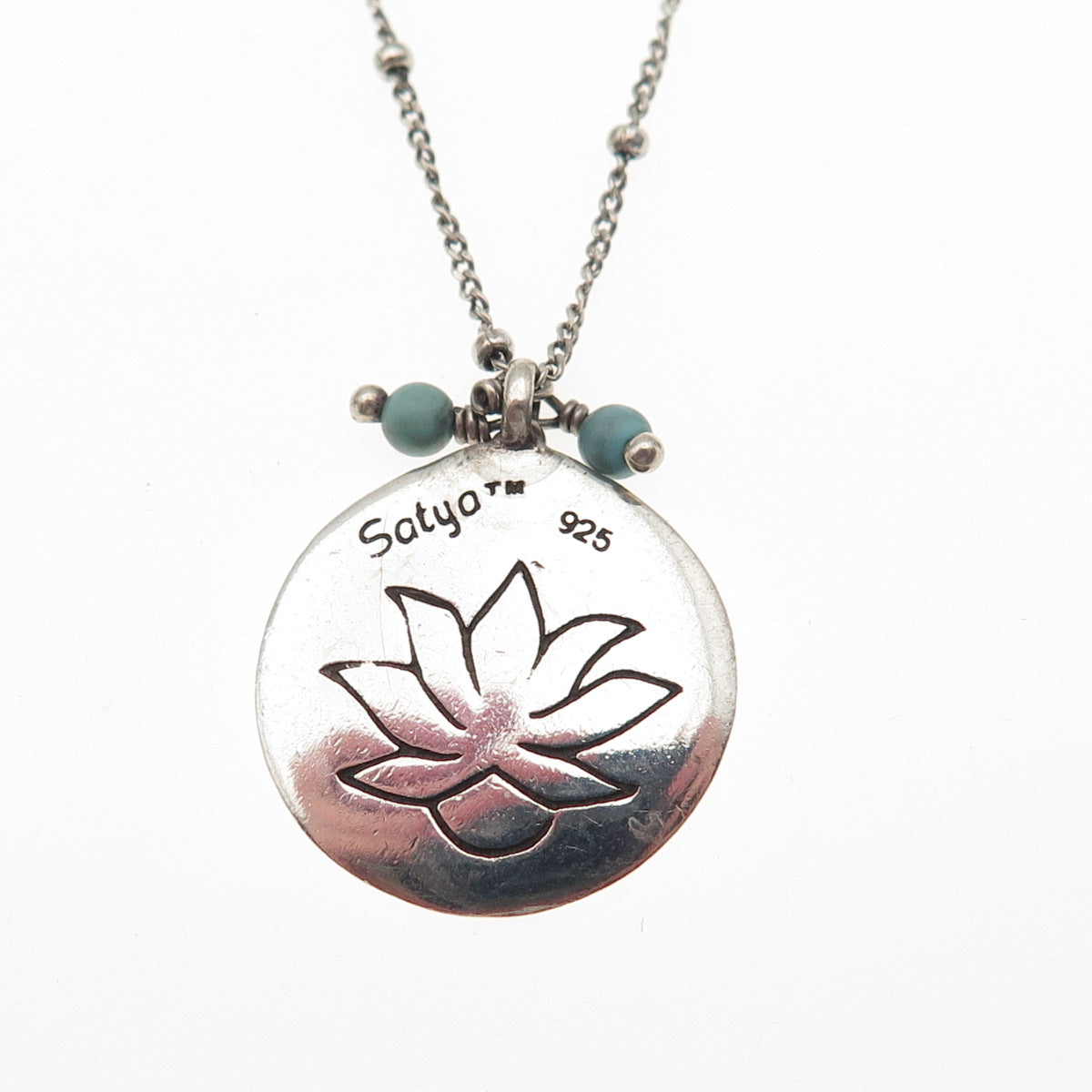 Satya 925 Sterling Silver Vintage Real Turquoise Lotus Tag Chain Necklace 20"