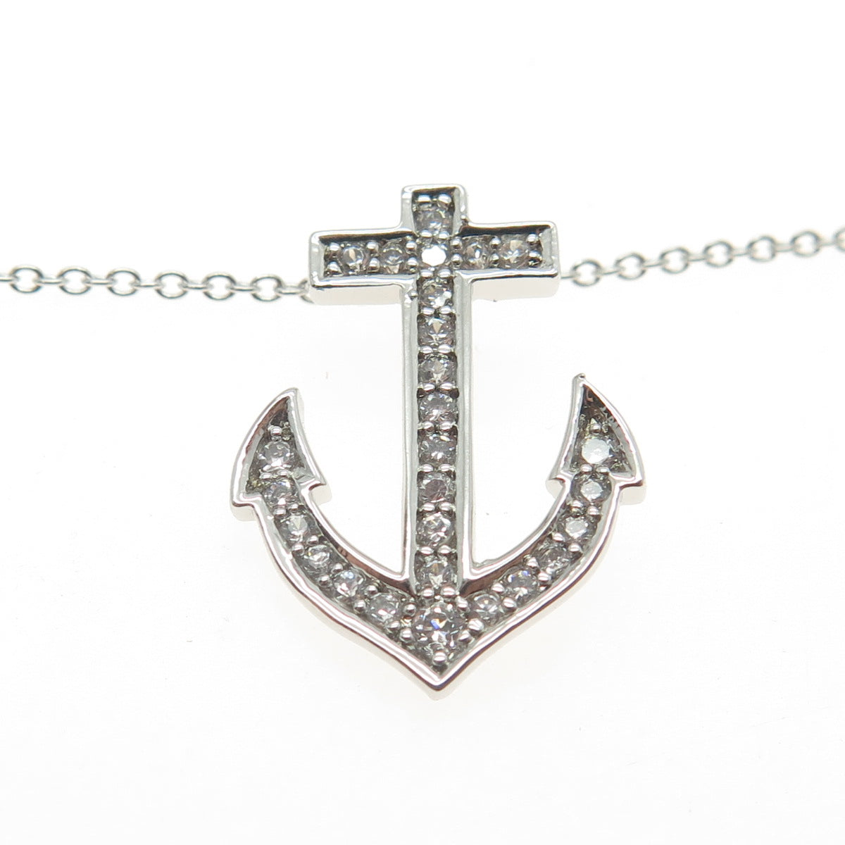 925 Sterling Silver Pave C Z Anchor Pendant Rolo Chain Necklace 18"