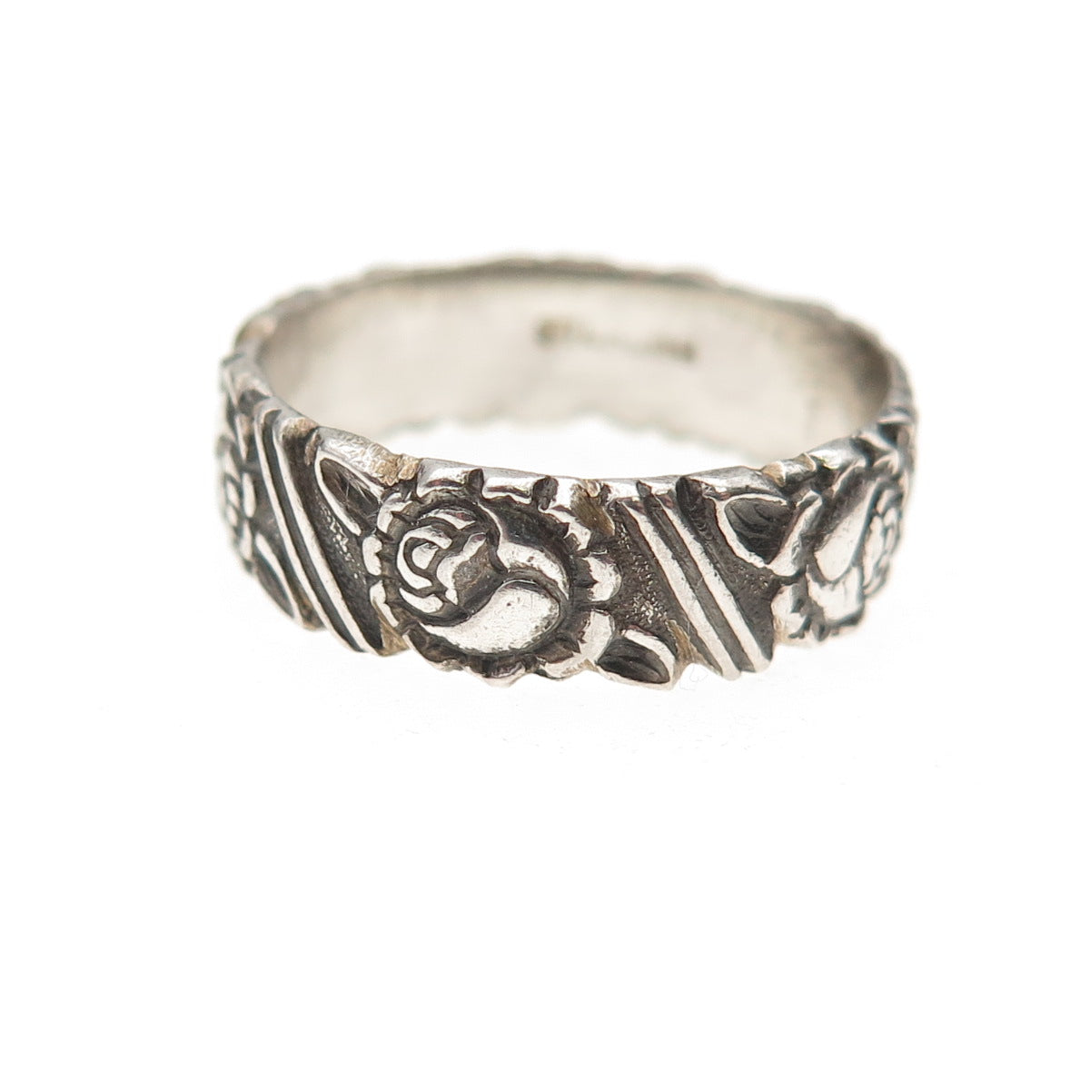 925 Sterling Silver Vintage Rose Flower Oxidized Band Ring Size 7
