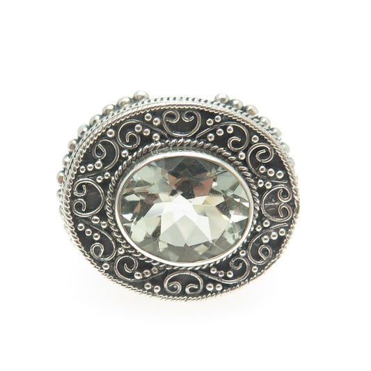 925 Sterling Silver Vintage Real Green Amethyst Granulated Ring Size 10.25