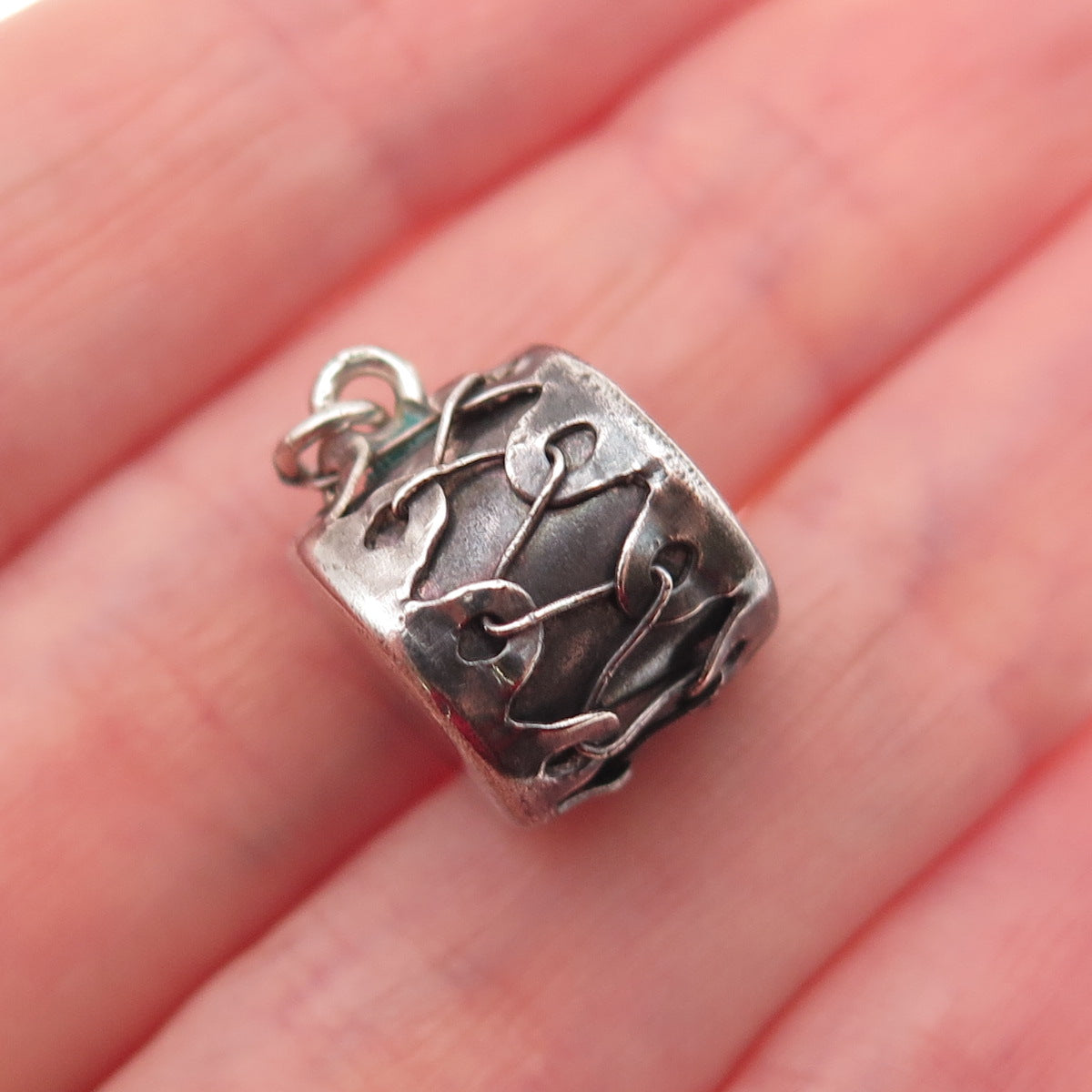 925 Sterling Silver Antique Art Deco Drum Oxidized 3D Mini Charm Pendant