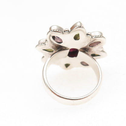 Doug Paulus 925 Sterling Vintage Real Rhodolite Amethyst Peridot Ring Size 7.25