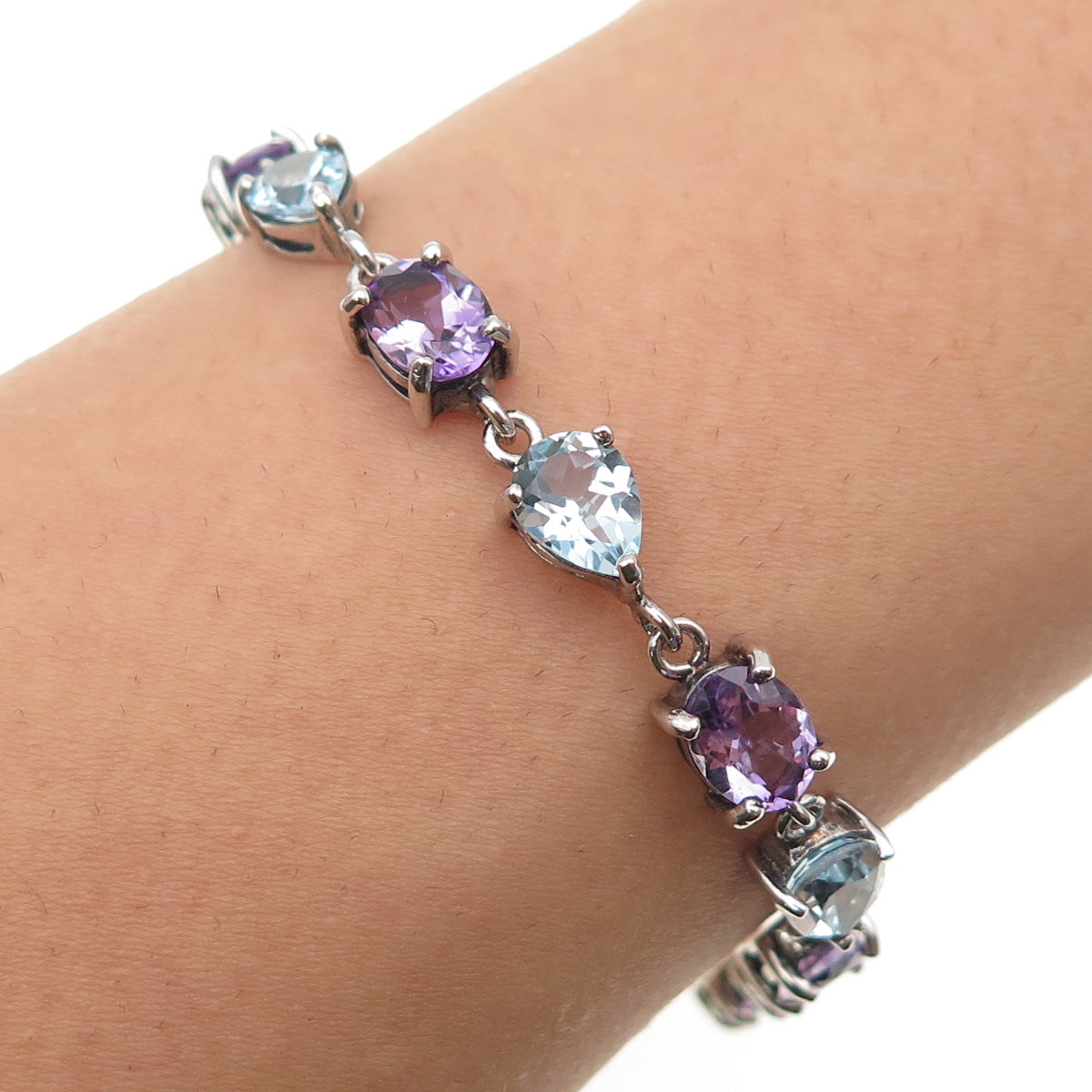 925 Sterling Silver Vintage Oval-Cut Amethyst & Pear-Cut Blue Topaz Bracelet 7"