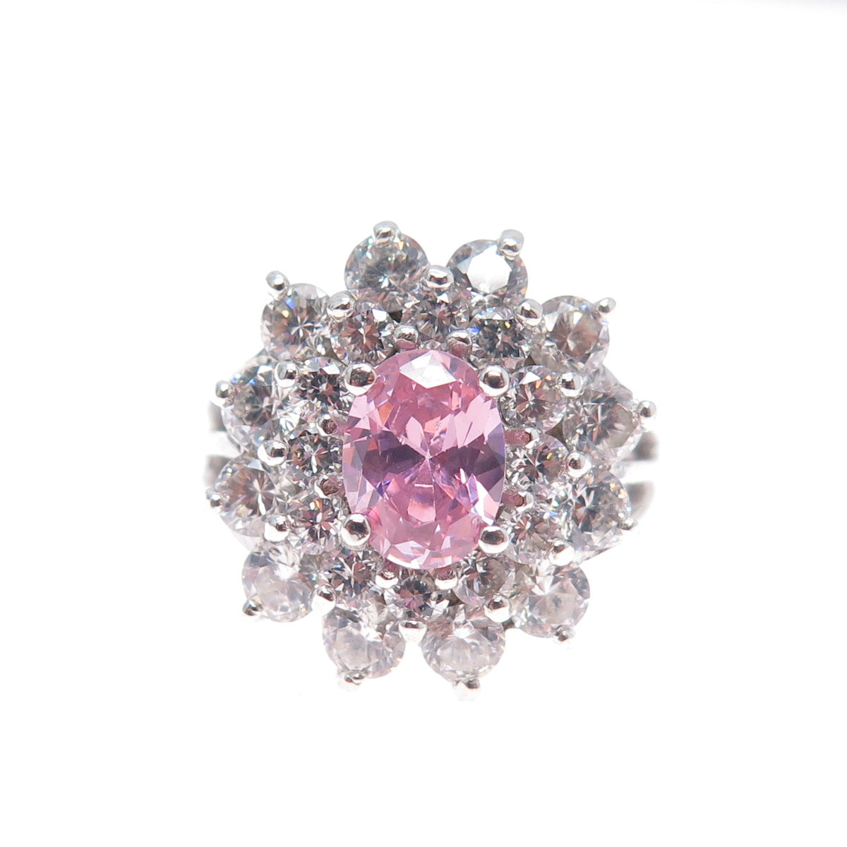 925 Sterling Silver Oval-Cut Pink & Round-Cut White C Z Ring Size 7