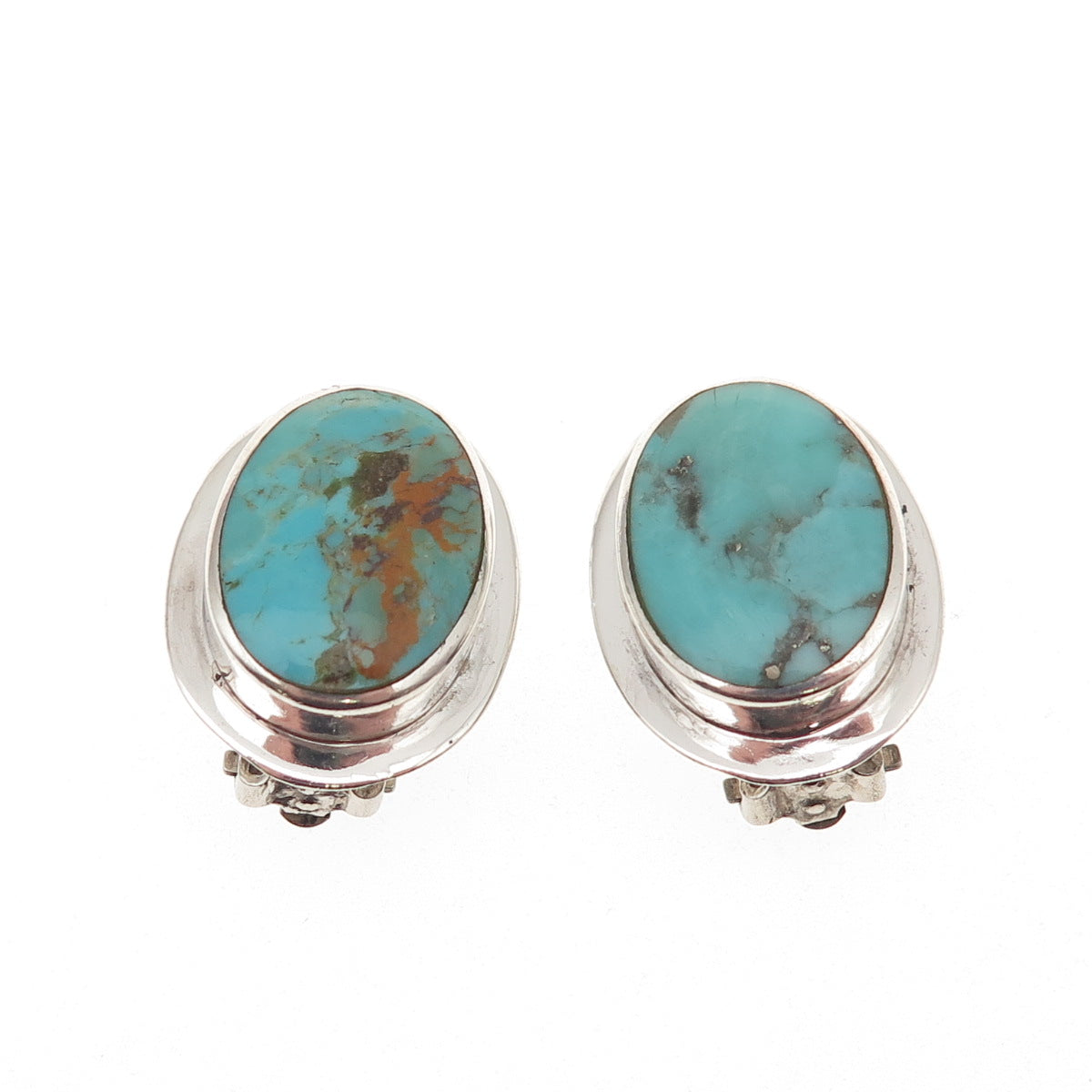 925 Sterling Silver Vintage Real Turquoise Modernist Clip On Earrings