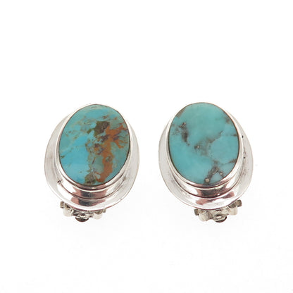 925 Sterling Silver Vintage Real Turquoise Modernist Clip On Earrings