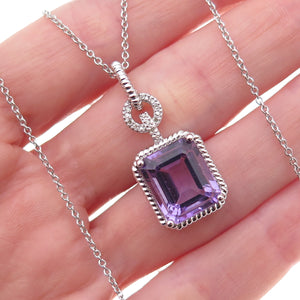 925 Sterling Silver Mexico Real Diamond & Amethyst Cable Chain Necklace 18"