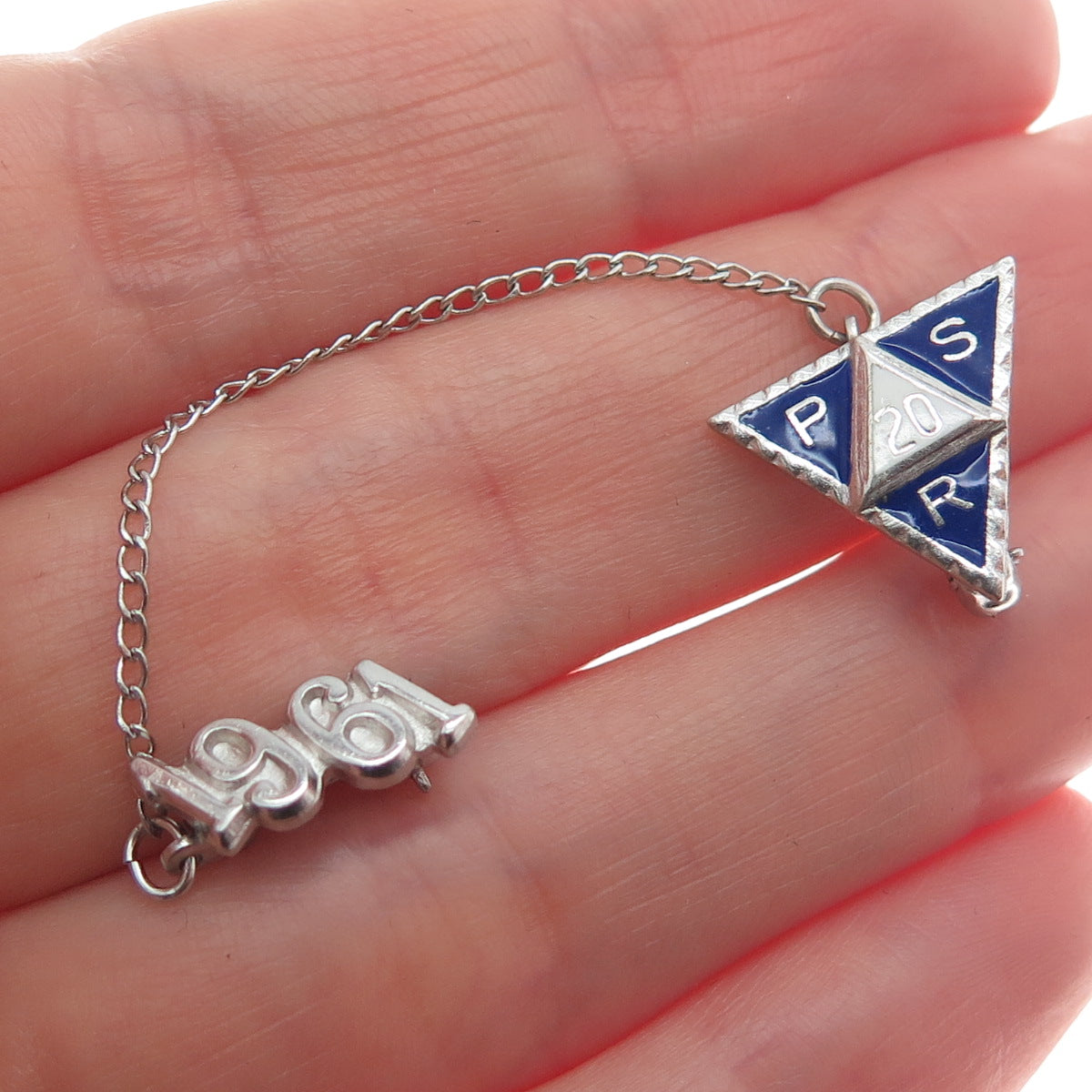 925 Sterling Silver Vintage Enamel 1961 Public School 20 Pin Brooch w/Chain