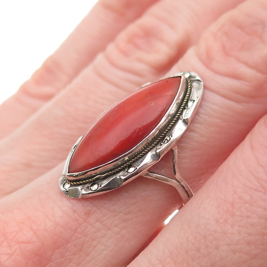 800 Silver Antique Art Deco Real Coral Marcasite Ring Size 6.75 (missing stone)
