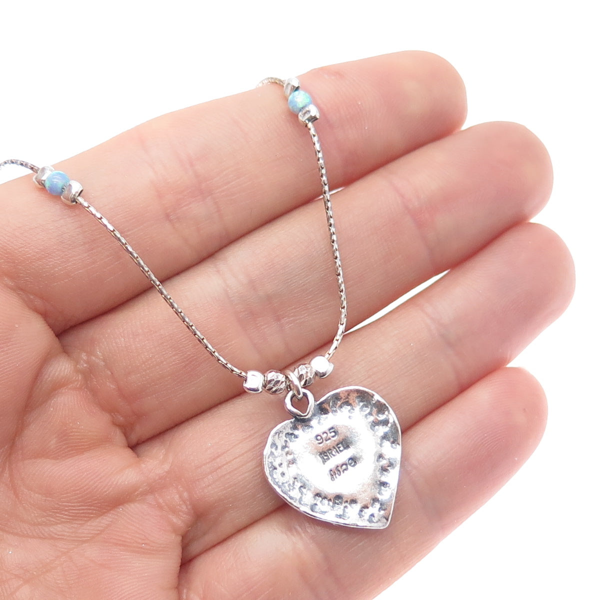 DIDAE 925 Sterling Silver Vintage Israel Real Opal Heart Chain Necklace 18"