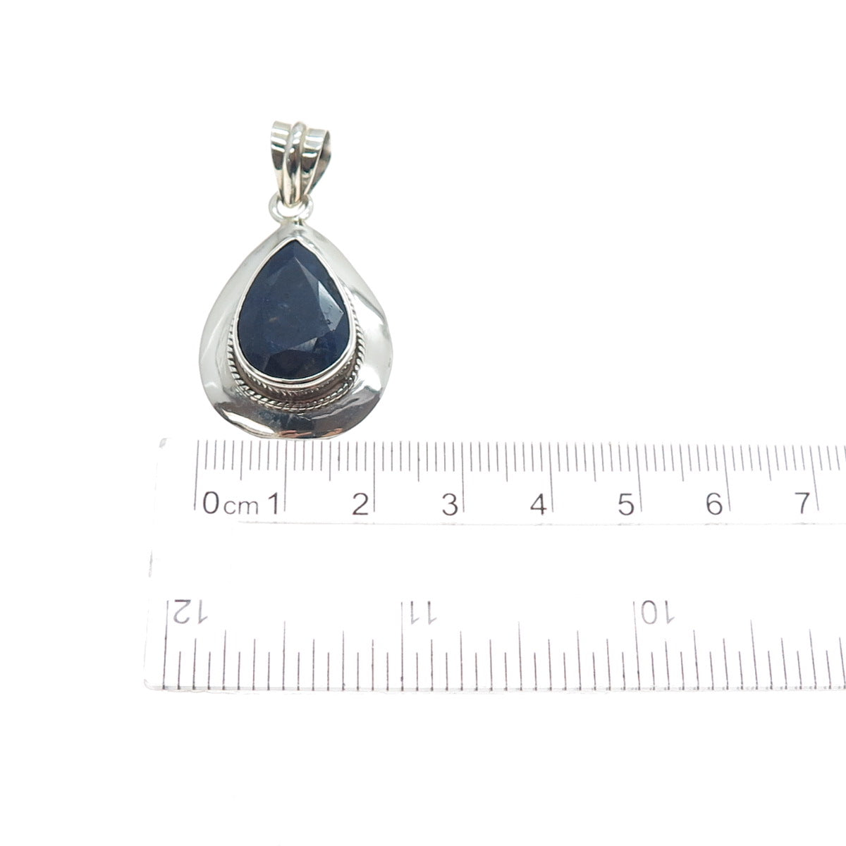 925 Sterling Silver Vintage Real Pear-Cut Sapphire Teardrop Charm Pendant