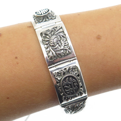 925 Sterling Silver Antique Chinese Character Lotus Oxidized Panel Bracelet 7"