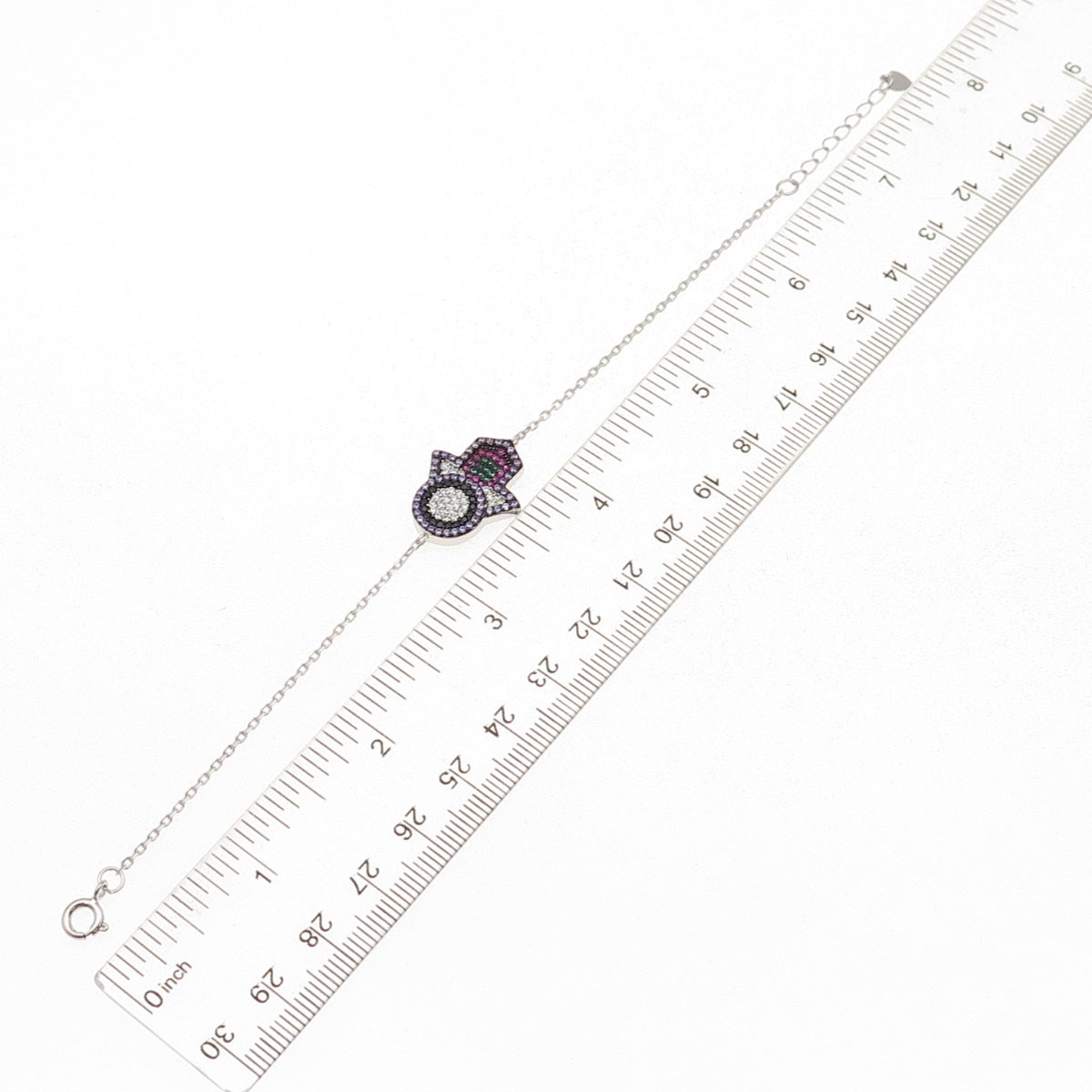 925 Sterling Silver Multi-Color C Z Hamsa Amulet Cable Link Bracelet 6.5-7.5"