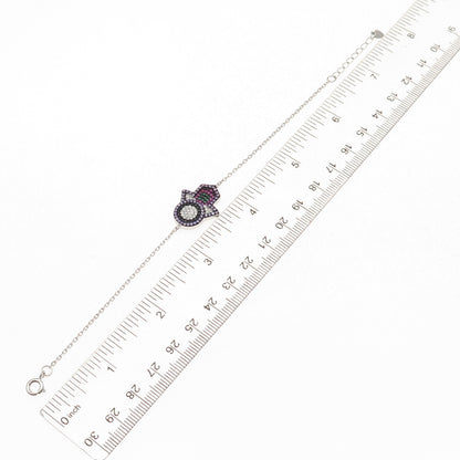 925 Sterling Silver Multi-Color C Z Hamsa Amulet Cable Link Bracelet 6.5-7.5"