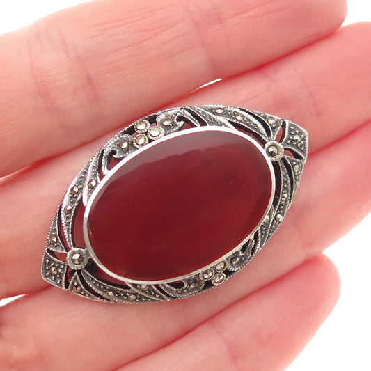925 Sterling Silver Vintage Real Carnelian & Marcasite Oxidized Pin Brooch