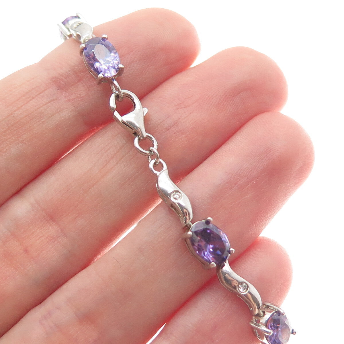 925 Sterling Silver Vintage Real Oval-Cut Amethyst & C Z Wavy Link Bracelet 7"