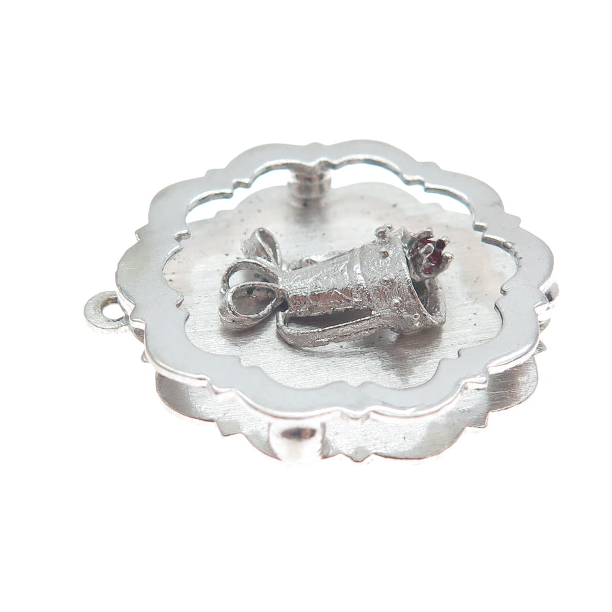 925 Sterling Silver Vintage Red Rhinestone Bell Charm Pendant