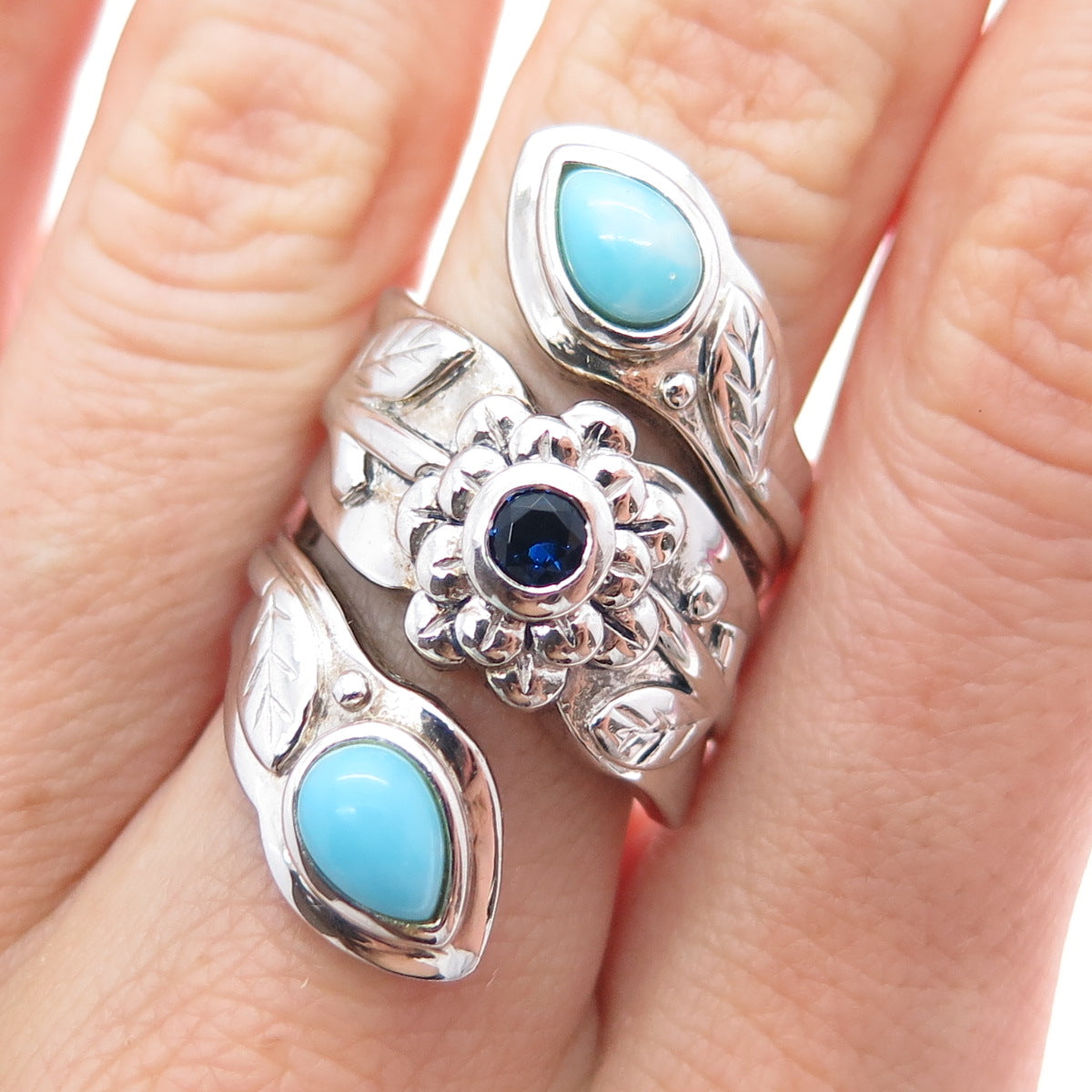MODA Sterling Silver Vintage Turquoise Blue Spinel Modernist Flower Ring Size 7