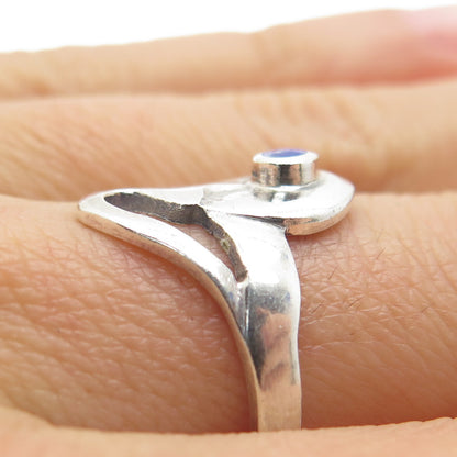 925 Sterling Silver Vintage Real Lapis Modernist Hammered Heart Ring Size 7.75