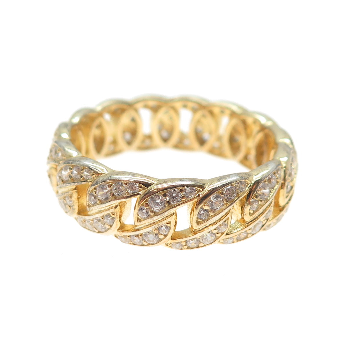 925 Sterling Silver Gold Plated Round-Cut C Z Curb Link Band Ring Size 13