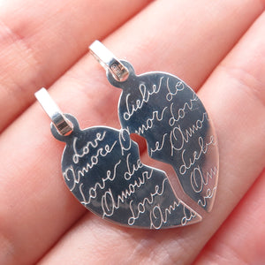 925 Sterling Silver Italy Love Amour Liebe 2-Piece Breakable Heart Pendant