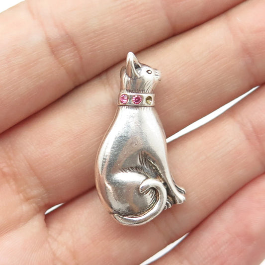 JEZLINE 925 Sterling Silver Vintage Pink Rhinestone Sitting Cat Pin Brooch