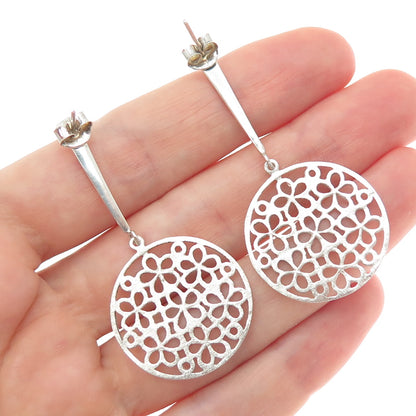 925 Sterling Silver Vintage Flower Disc Dangle Earrings