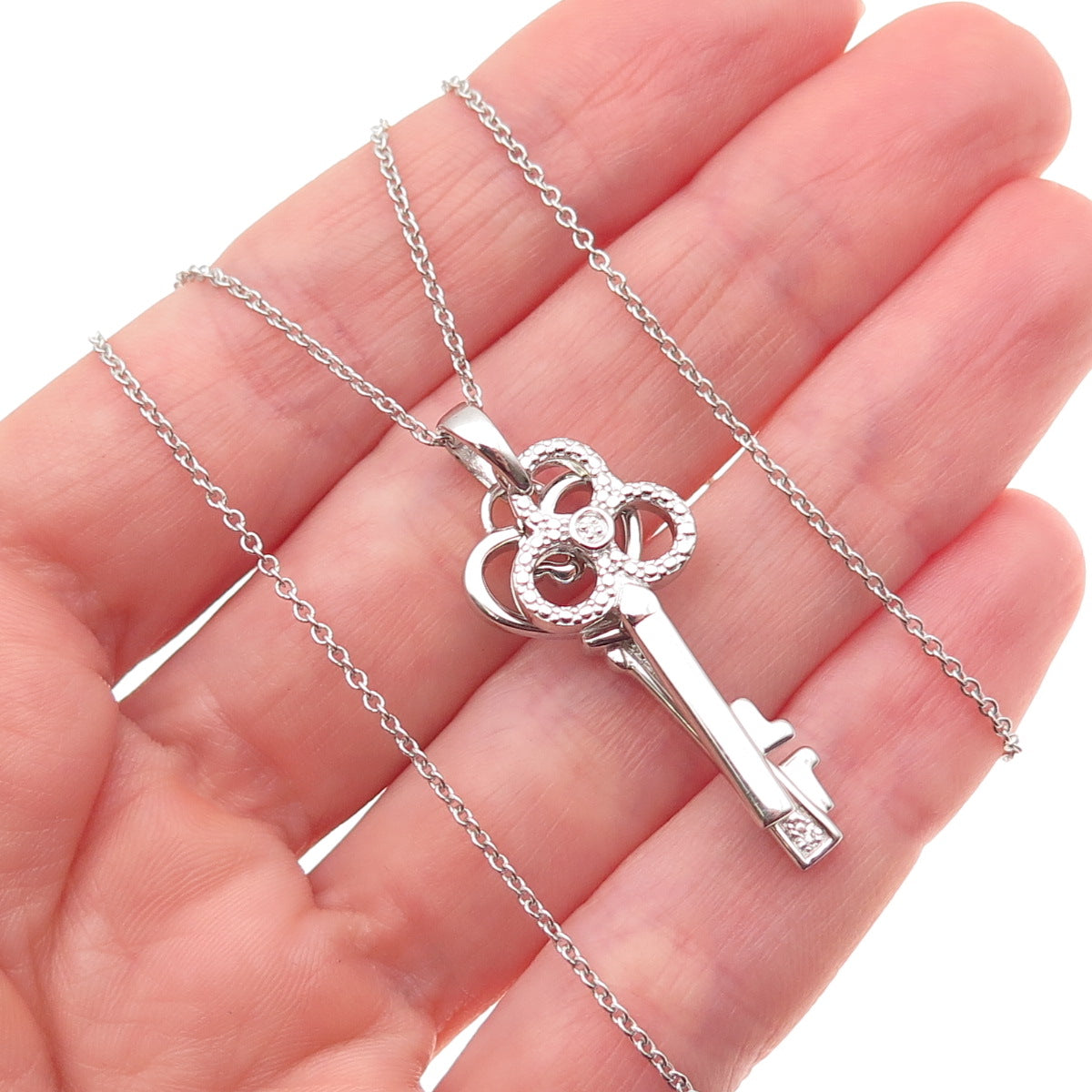 925 Sterling Silver Real Diamond Heart & Club Key Cable Chain Necklace 18"