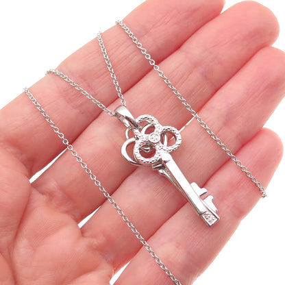 925 Sterling Silver Real Diamond Heart & Club Key Cable Chain Necklace 18"