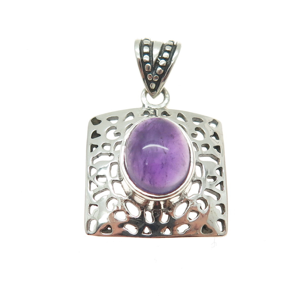 925 Sterling Silver Vintage Real Amethyst Gemstone Cutout Square Pendant