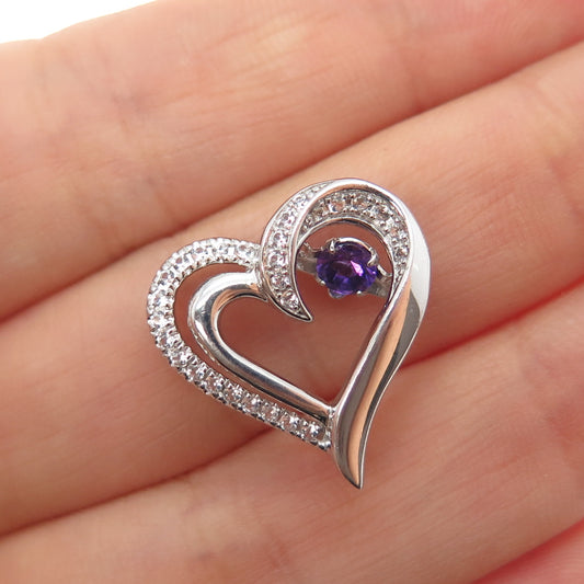 925 Sterling Silver Real Amethyst & White Topaz Heart Mini Slide Charm Pendant