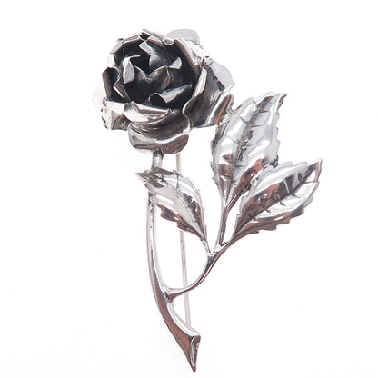 925 Sterling Silver Antique Art Deco Rose Flower Oxidized Pin Brooch