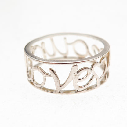 925 Sterling Silver Real Diamond Love / Amour Heart Band Ring Size 8
