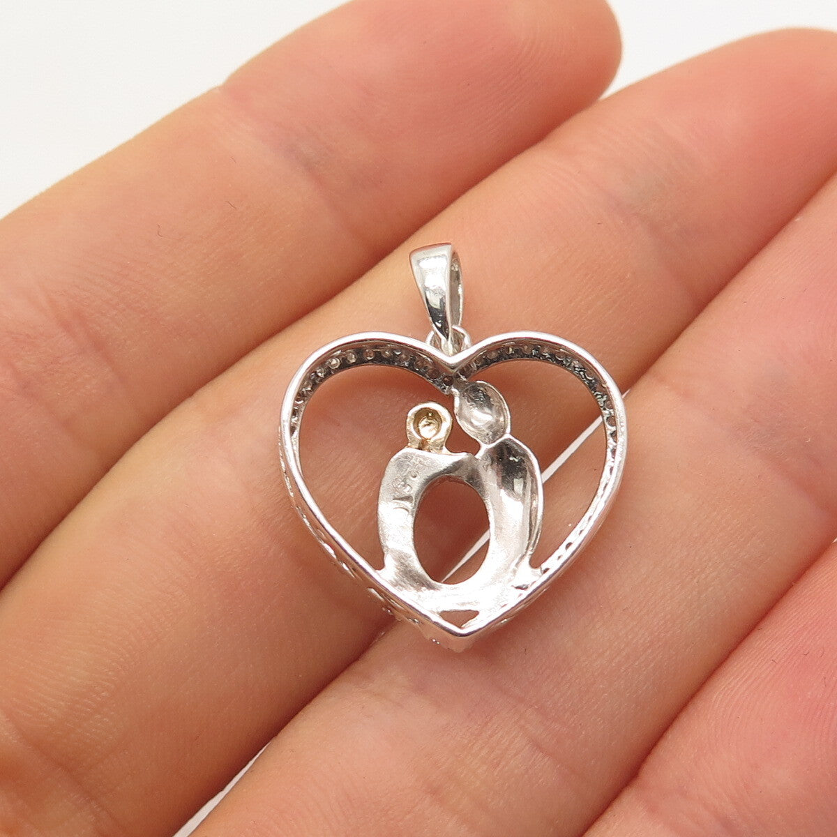 925 Sterling Silver / 10K Gold Real Diamond Mother & Baby Heart Pendant